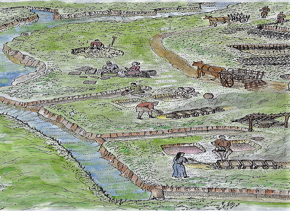 Painting of the possible reconstruction of the Morton Saltern in Lincolnshire at Roman times in the 2nd century.