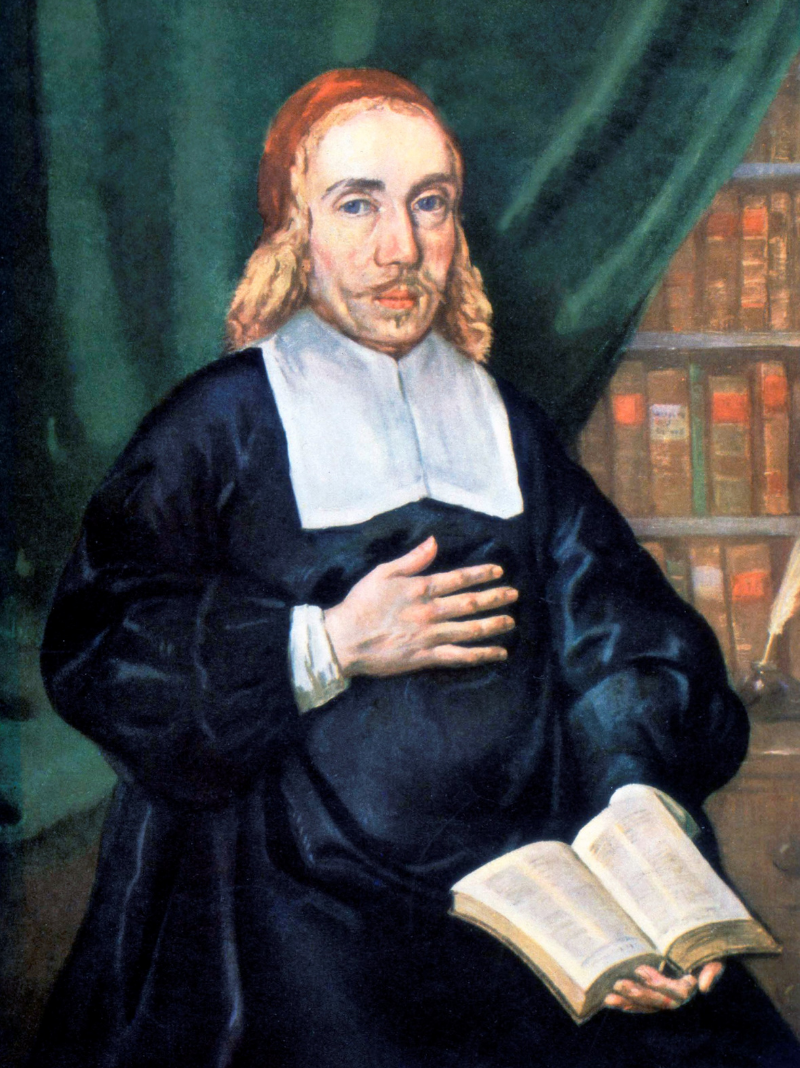 Painting of reverend John Cotton sat holding a book
