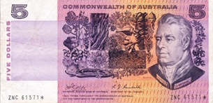 Image of Australian bank note featuring a black and white engraving of Sir Joseph Banks. The bank note has a purple, pink and yellow gradient.